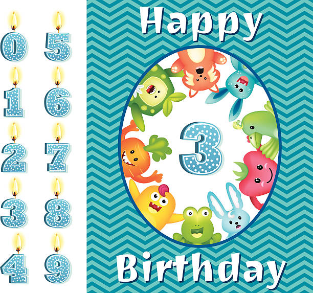 juvenile geburtstagskarte vorlage mit niedlichen monster und kerzen - six candles stock-grafiken, -clipart, -cartoons und -symbole