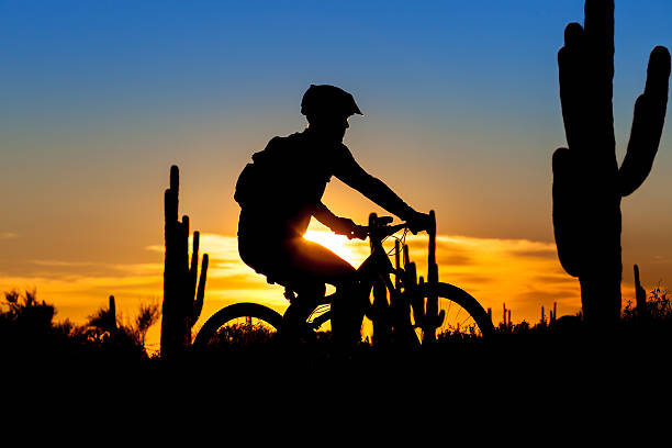 Mountain Bike Sunset Silhouette of a mountain biker at sunset in the Arizona desert. tucson biking stock pictures, royalty-free photos & images