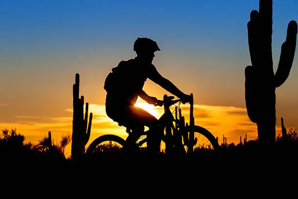 Silhouette of a mountain biker at sunset in the Arizona desert.