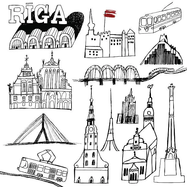 Vector illustration of Hand drawn buildings and landmarks of Riga in Latvia