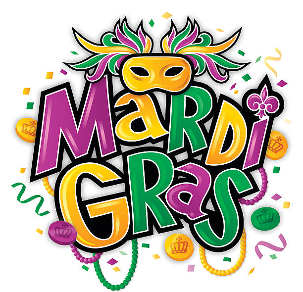 Mardi Gras fat tuesday party background concept with mask, confetti, tokens, and beads isolated on white background. EPS 10 file. Transparency effects used on highlight elements.