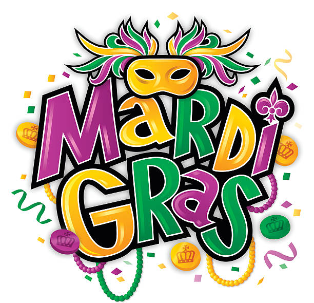 Mardi Gras Mardi Gras fat tuesday party background concept with mask, confetti, tokens, and beads isolated on white background. EPS 10 file. Transparency effects used on highlight elements. mardi gras decorations stock illustrations