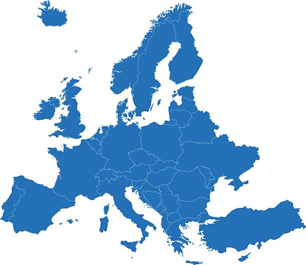 europa einfachen blauen weltkarte auf weißem hintergrund - europa stock-grafiken, -clipart, -cartoons und -symbole