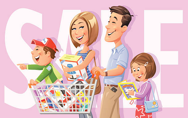 SALE Illustration of a young family going shopping. The little son is standing in the shopping cart pushed by his father, the mother is carrying a box and and the daughter is reading a new book. In the background is a big text "SALE". EPS 10, grouped and labeled in layers. happy family shopping stock illustrations