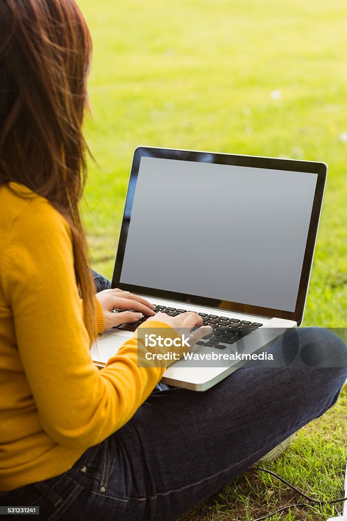 Woman using laptop in park Relaxed young woman using laptop in the park Laptop Stock Photo