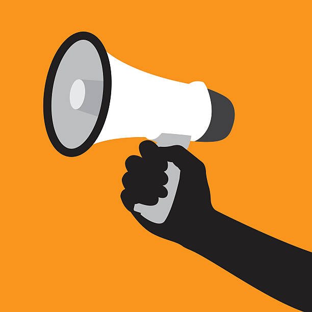 Megaphone Icon Vector illustration of a hand holding a megaphone on an orange background. public address system stock illustrations