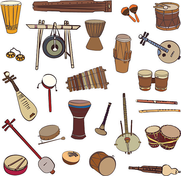 Ethnic traditional musical instruments Isolated traditional ethnic instruments. Vector contour set for music billboard on white background. african musical instrument stock illustrations
