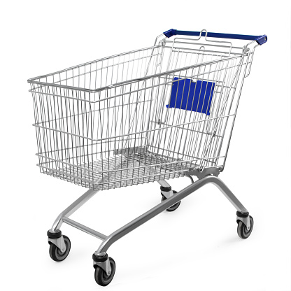 Photo of a shopping cart in a supermarket.