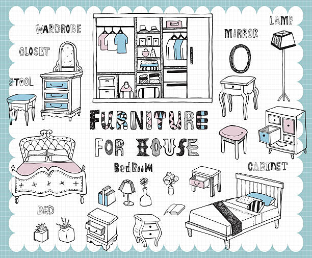 Handdrawn_homefurnishing_bedroom Illustration with furniture for bedroom related words in hand drawn style  bedroom drawings stock illustrations