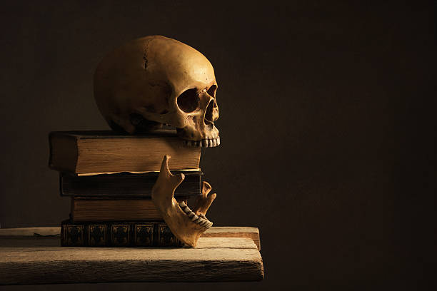crâne humain avec mâchoire sur vieux livres - vanitas photos et images de collection