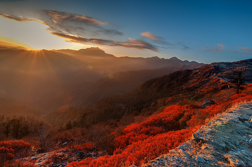 Beautiful chilly winter sunrise at Lunhgthang, Sikkim, West Bengal, India