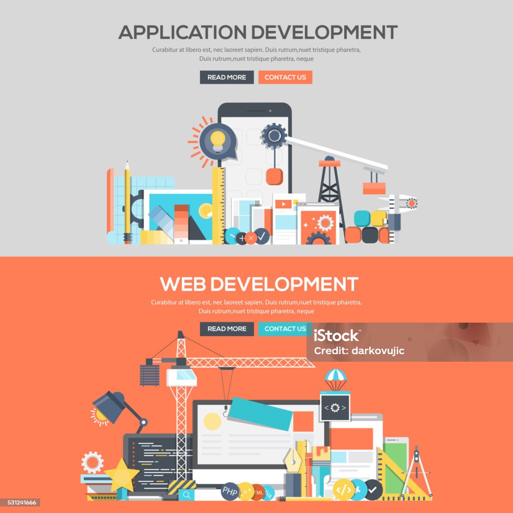 Flat-design Konzept banner-Anwendung und Web-Entwicklung Entwicklung - Lizenzfrei Baugewerbe Vektorgrafik