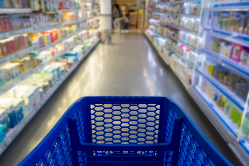 Shopping cart in a supermarket, with blurred shelves in the background