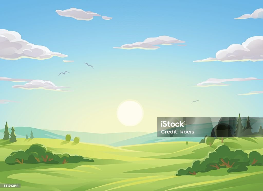 Sunrise Over Green Hills Vector illustration of a sunrise over a beautiful rural landsapce with trees, bushes, hills and green meadows. Illustration with space for text. Landscape - Scenery stock vector