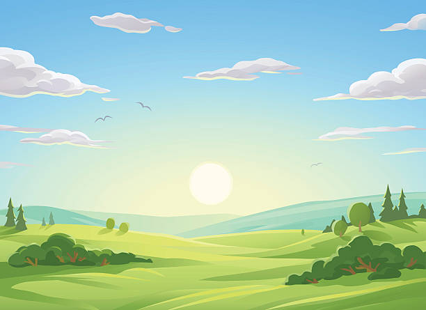 Sunrise Over Green Hills Vector illustration of a sunrise over a beautiful rural landsapce with trees, bushes, hills and green meadows. Illustration with space for text. landscapes stock illustrations
