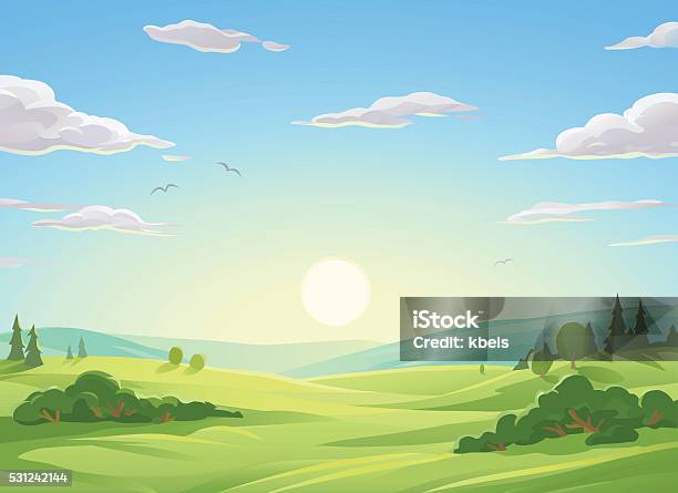 Sunrise Over Green Hills Stock Illustration - Download Image Now - Landscape - Scenery, Nature, Sun