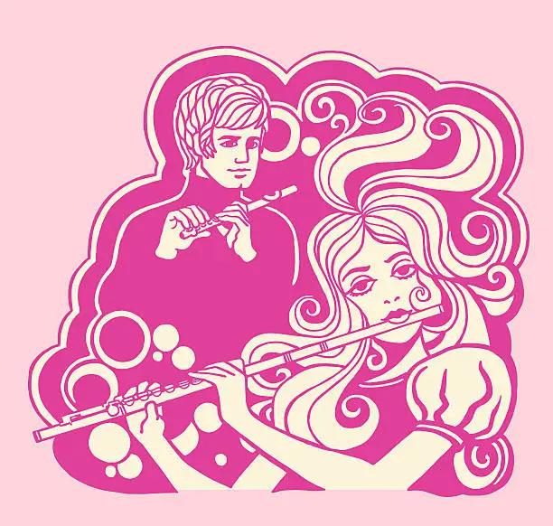 Vector illustration of Man and Woman Playing Flutes