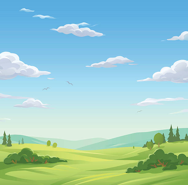 Idyllic Landscape Vector illustration of a spring or summer landsapce with trees, bushes, hills and green meadows under and a cloudy blue sky with. Illustration with space for text. sky stock illustrations