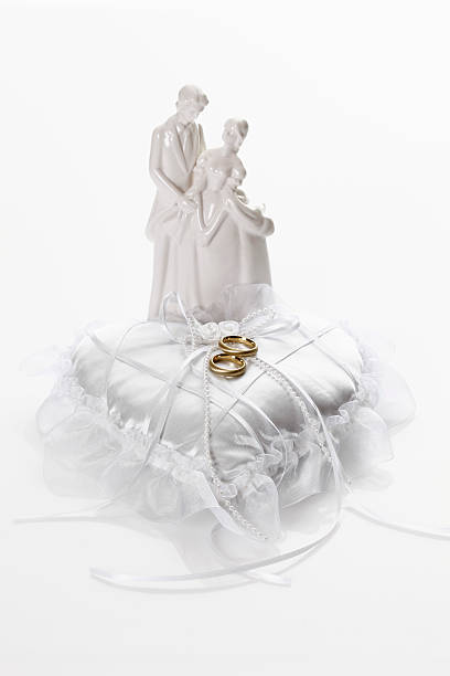 istock Wedding rings on cushion with couple figurine 531243417