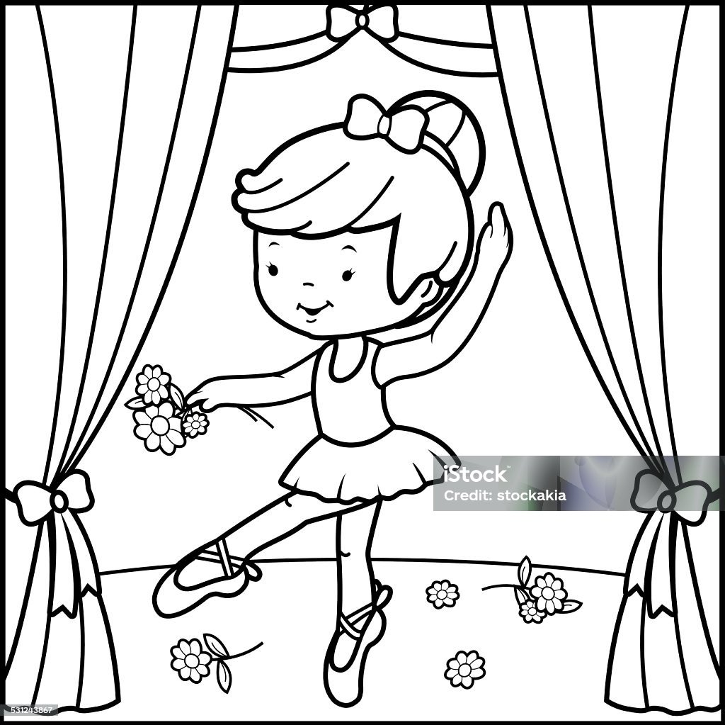Coloring book page ballerina girl dancing on stage Vector illustration of a black and white outline image of a cute ballerina dancer girl, dancing on stage holding flowers. Coloring Book Page - Illlustration Technique stock vector