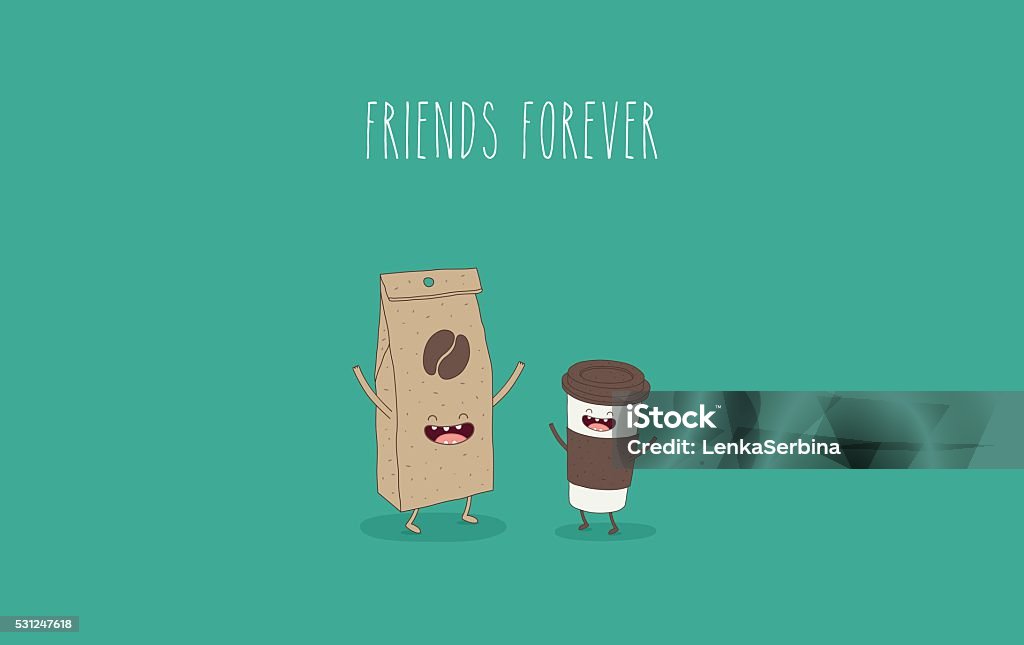 and coffee take away Funny coffee paper bag and coffee take away. Friend forever. Vector illustration. Comic character Aromatherapy stock vector