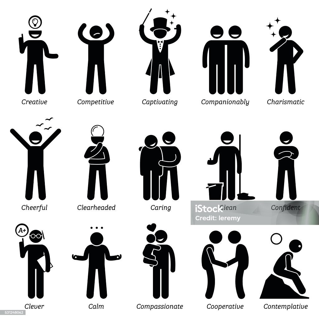 Positive Personalities Character Traits. Stick Figures Man Icons. Positive personalities traits, attitude, and characteristic. Creative, competitive, captivating, companionably, charismatic, cheerful, clearheaded, caring, clean, confident, clever, calm, compassionate, cooperative, and contemplative. Stick Figure stock vector