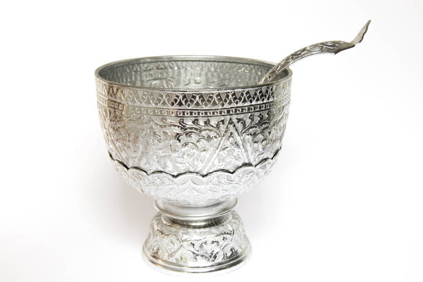 istock Thai old silver tray with pedestal and ladle 531249099
