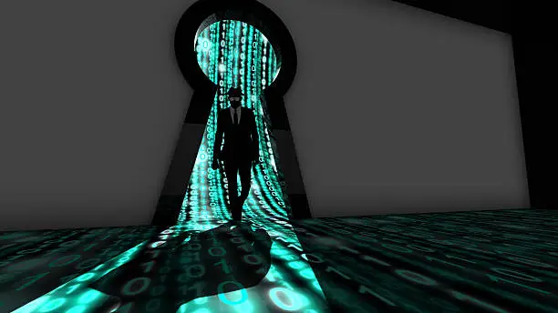 Elite hacker entering a room through a keyhole silhouette 3d illustration information security backdoor concept with turquoise digital background matrix