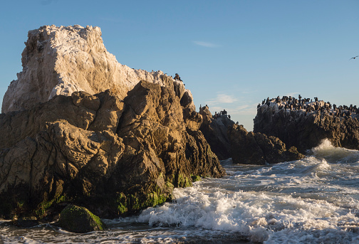 A rock formation and flock of birds in Malibu, California
