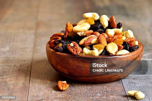 Dried Fruits And Nuts Mix Stock Photo - Download Image Now - 2015, Abundance, Bowl