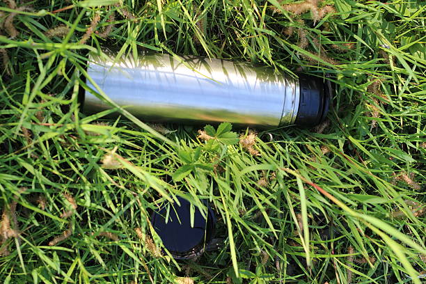 istock Metal thermos on the green grass 531252220
