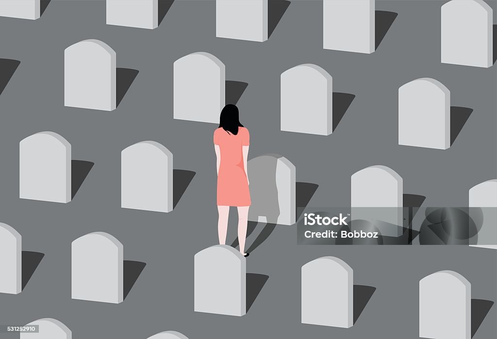 Cemetery. Young woman visiting a loved one at the cemetery. Cemetery stock vector