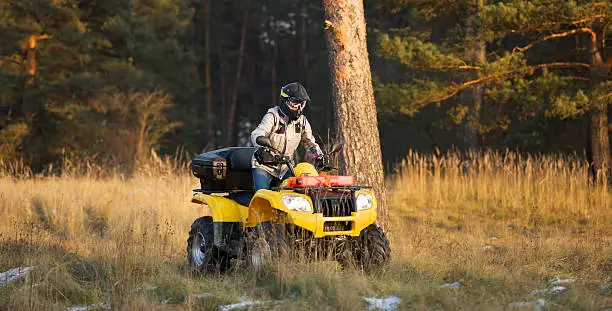 Horizontal action shot of a man in helmet and safety goggles riding quad bike with snowy autumn forest in the background.