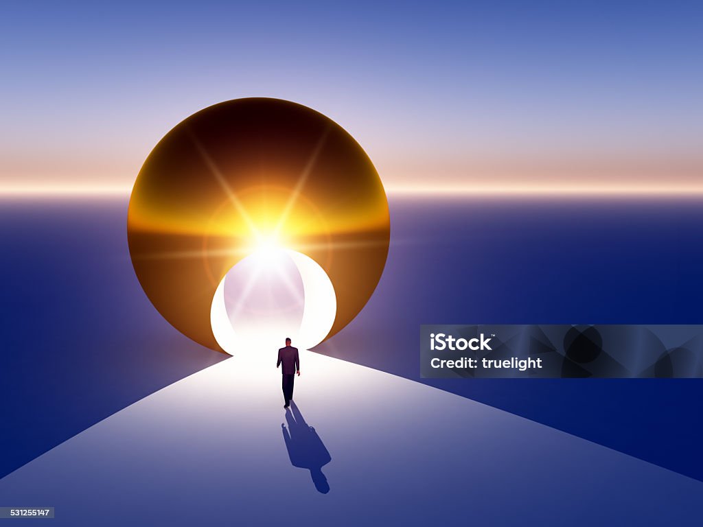 Abstract Doorway to Golden Opportunity A modern abstract businessman walking into the doorway of a large gold globe. 2015 Stock Photo