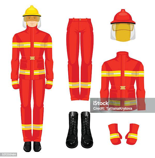 Vector Illustration Of Firefighter In Uniform Stock Illustration - Download Image Now - Firefighter, Vector, Jacket