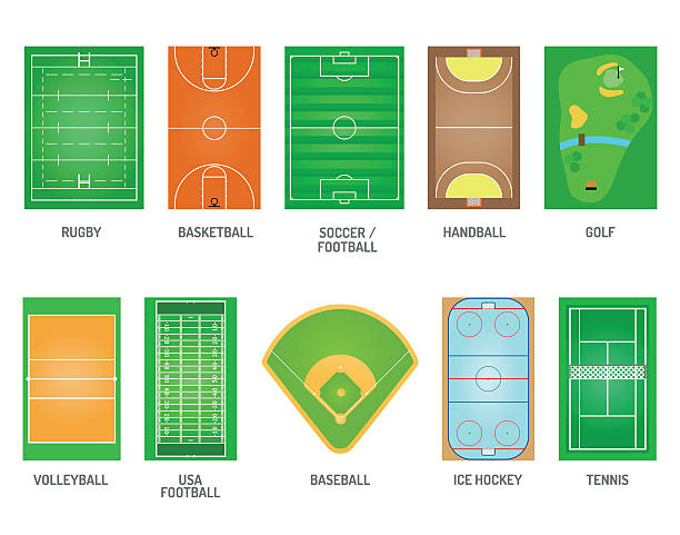 Playing fields vector set Green grass on golf field. Green grass game football play soccer stadium playing fields. Goal team ball lawn playing fields playing fields and playing fields playground meadow leisure outdoors league. football training equipment stock illustrations