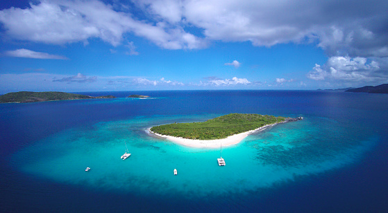aerial view of Sandy Cay in the foreground, Sandy Spit and Little Jost Van Dyke in the background on the left and Tortola on the right, British Virgin Islands