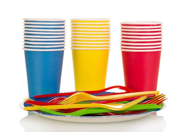 istock Colorful plastic cups and forks isolated on white 531256362