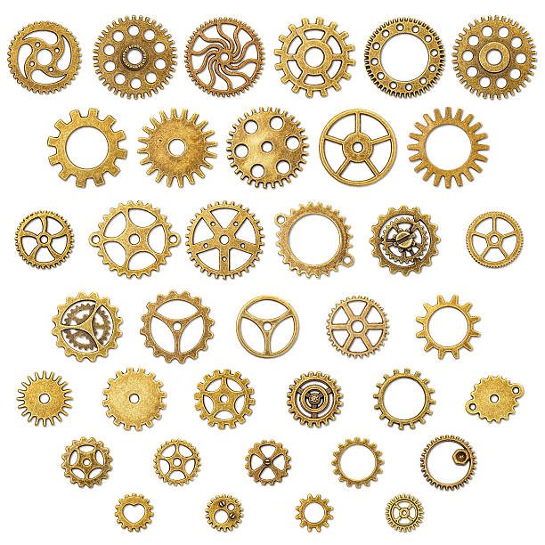 set of vintage mechanical cogwheel gears wheels - steampunk stockfoto's en -beelden