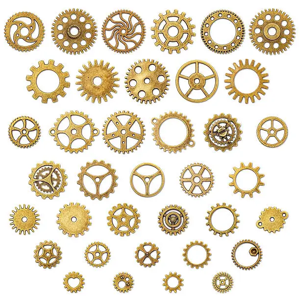 Set of Vintage Mechanical Cogwheel Gears Wheels, isolated on white background