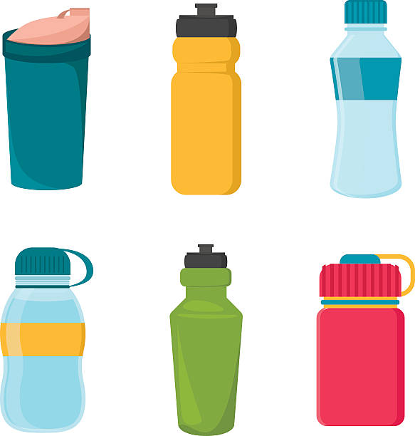 ilustraciones, imágenes clip art, dibujos animados e iconos de stock de conjunto de blanco de plástico botellas de agua bicicleta - alambique