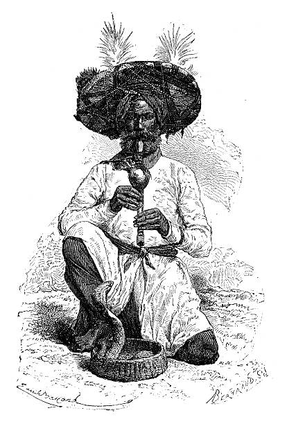 Antique illustration of snake charmer