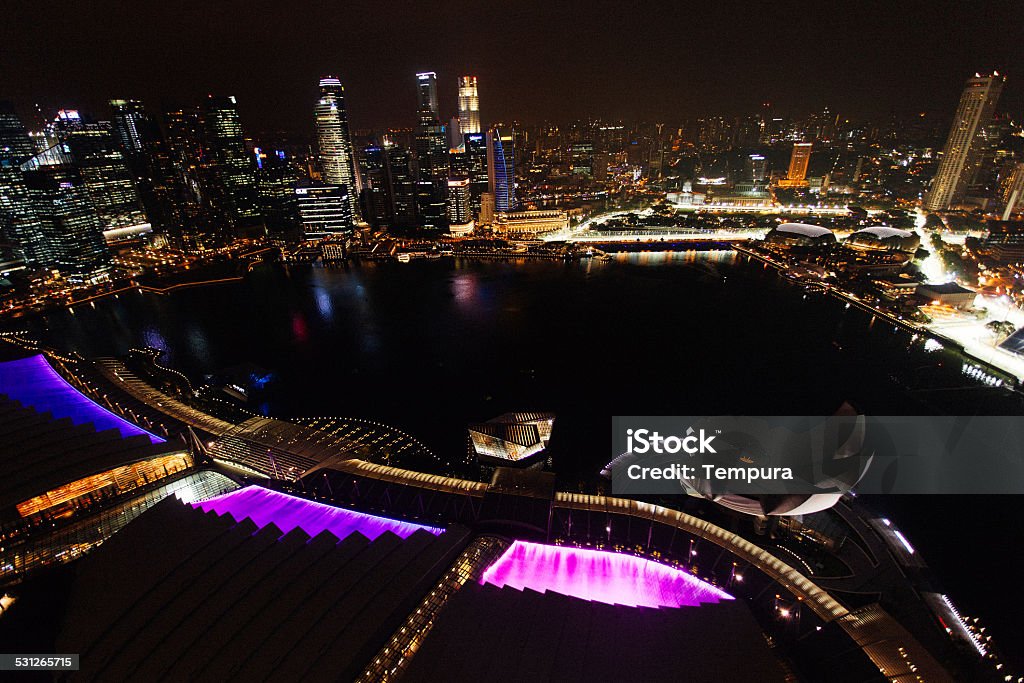 Singapore sky line aerial. Aerial view of the Central Business District in Singapore at night. 2015 Stock Photo