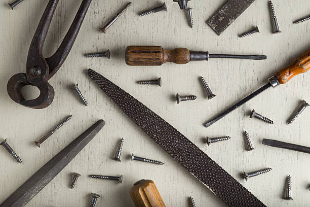 istock Construction tools set on wooden light background. Assortment assesories 531265936