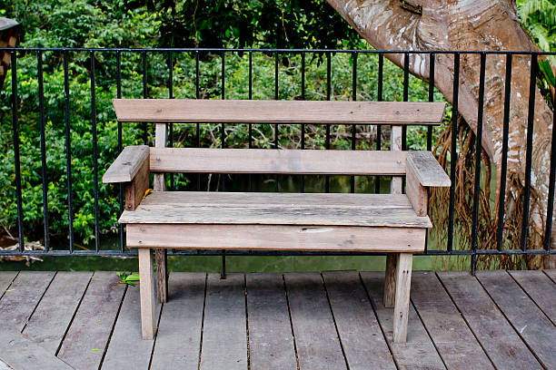 istock Wooden bench in terrace with green tree view 531266609