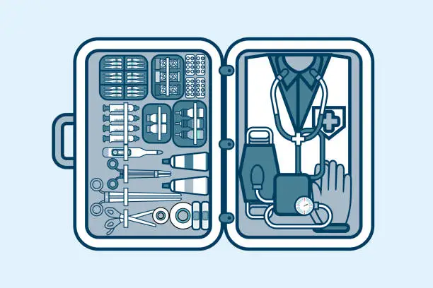 Vector illustration of illustration of medical supplies, drugs, pills, tools, clothing in line