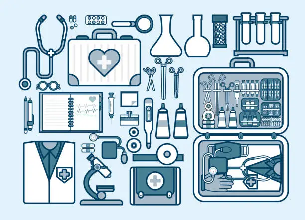 Vector illustration of illustration of medic supplies, drugs, pills, tools, clothing, medical suitcase