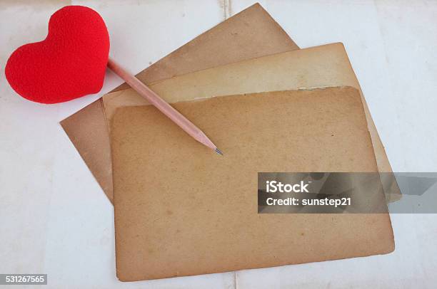 Red Heart On Old Paper And Pencil Memoirs Stock Photo - Download Image Now - 2015, Backgrounds, Book