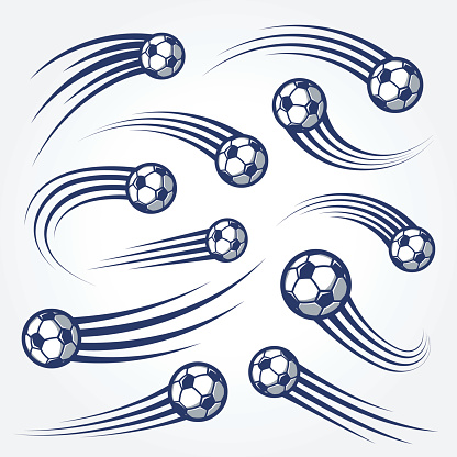 Collection of soccer balls with curved motion trails vector illustrations