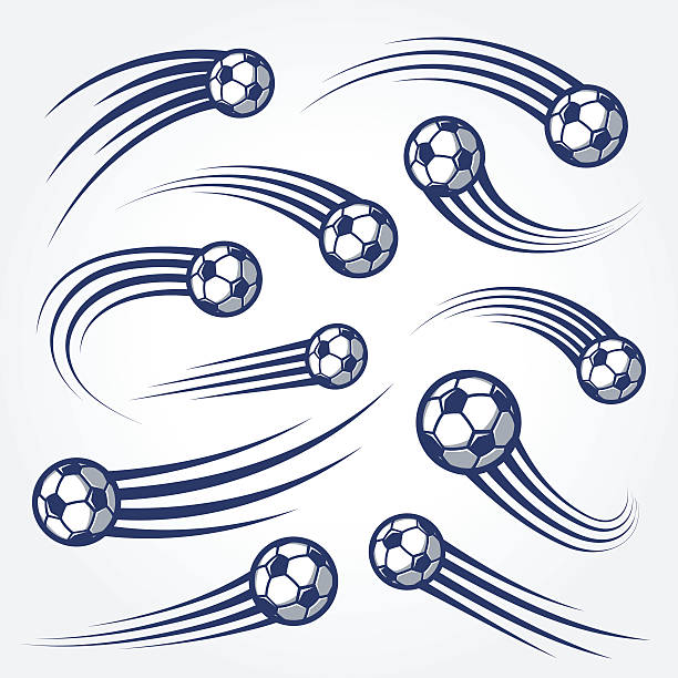 Big Set of soccer balls with curved motion trais illustrations Collection of soccer balls with curved motion trails vector illustrations kicking illustrations stock illustrations